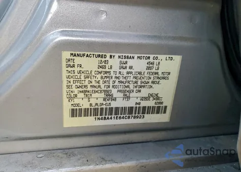 2004 Nissan Maxima Se z USA, uszkodzony, nr VIN 1N4BA41E64C878923